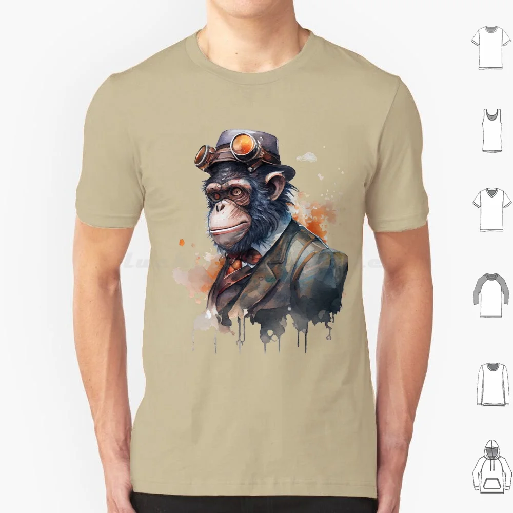 Chimp Portrait T Shirt Cotton Men Women DIY Print Chimp Portrait Watercolor Steampunk Humanoid With Hat Anthropomorphic Goggles