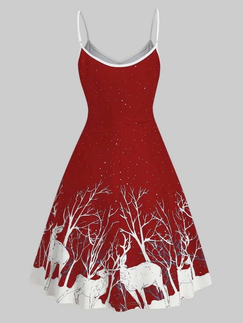 Vestido de mujer con estampado Floral de Navidad, hombros descubiertos, ribete de volantes, vestidos elegantes para Año Nuevo, Sexy, talla grande, S-3xl, ciervo alce