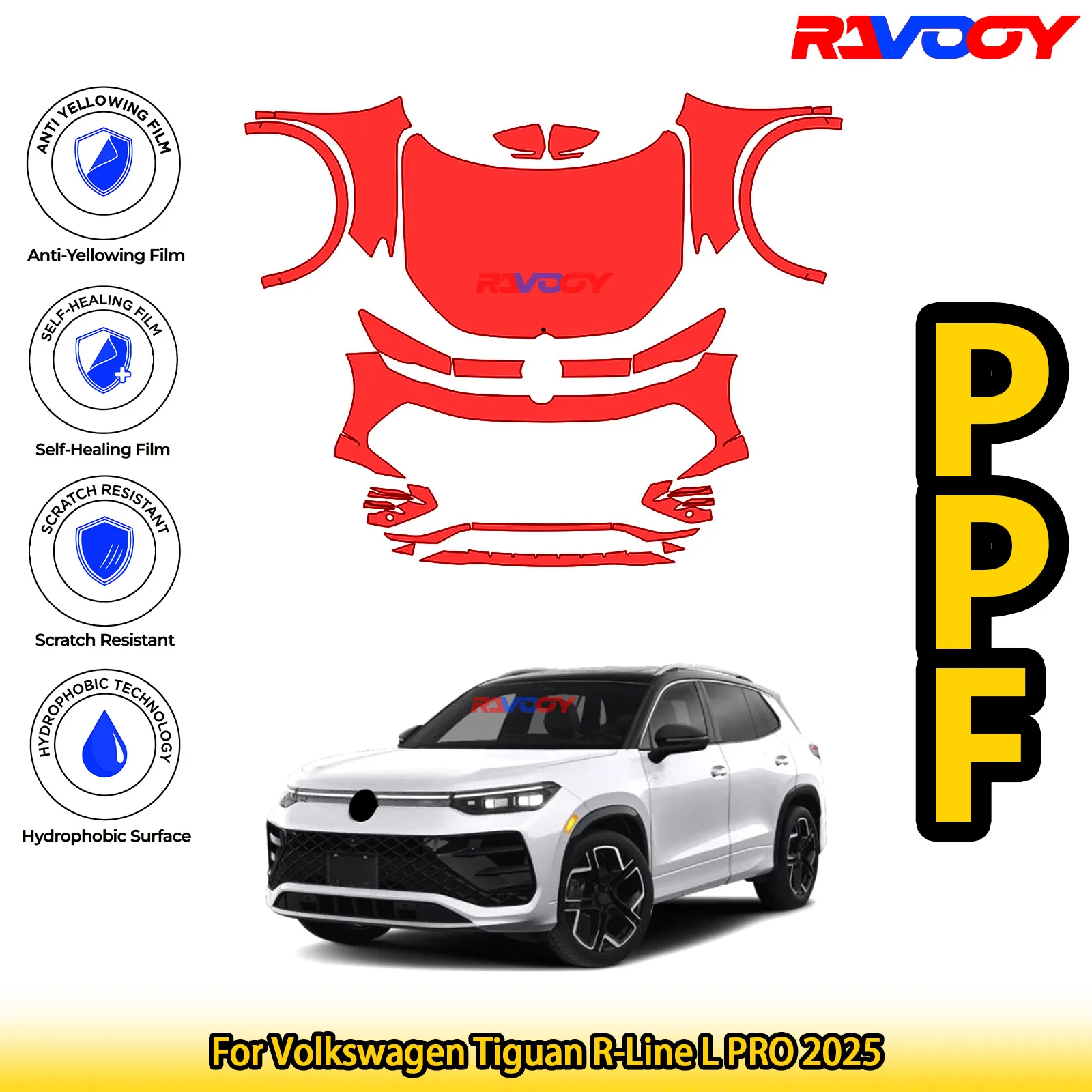 

Для Volkswagen Tiguan R-Line L PRO 2025 глянцевый матовый черный предварительно вырезанный передний комплект PPF, защитная пленка для краски