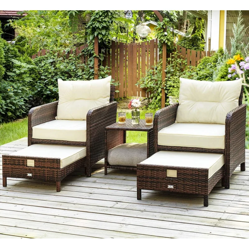 

2026 New：5 Pieces Patio Furniture Set, Rattan Balcony Furniture with Ottomans, PE Wicker Outdoor Patio Chairs Set with C