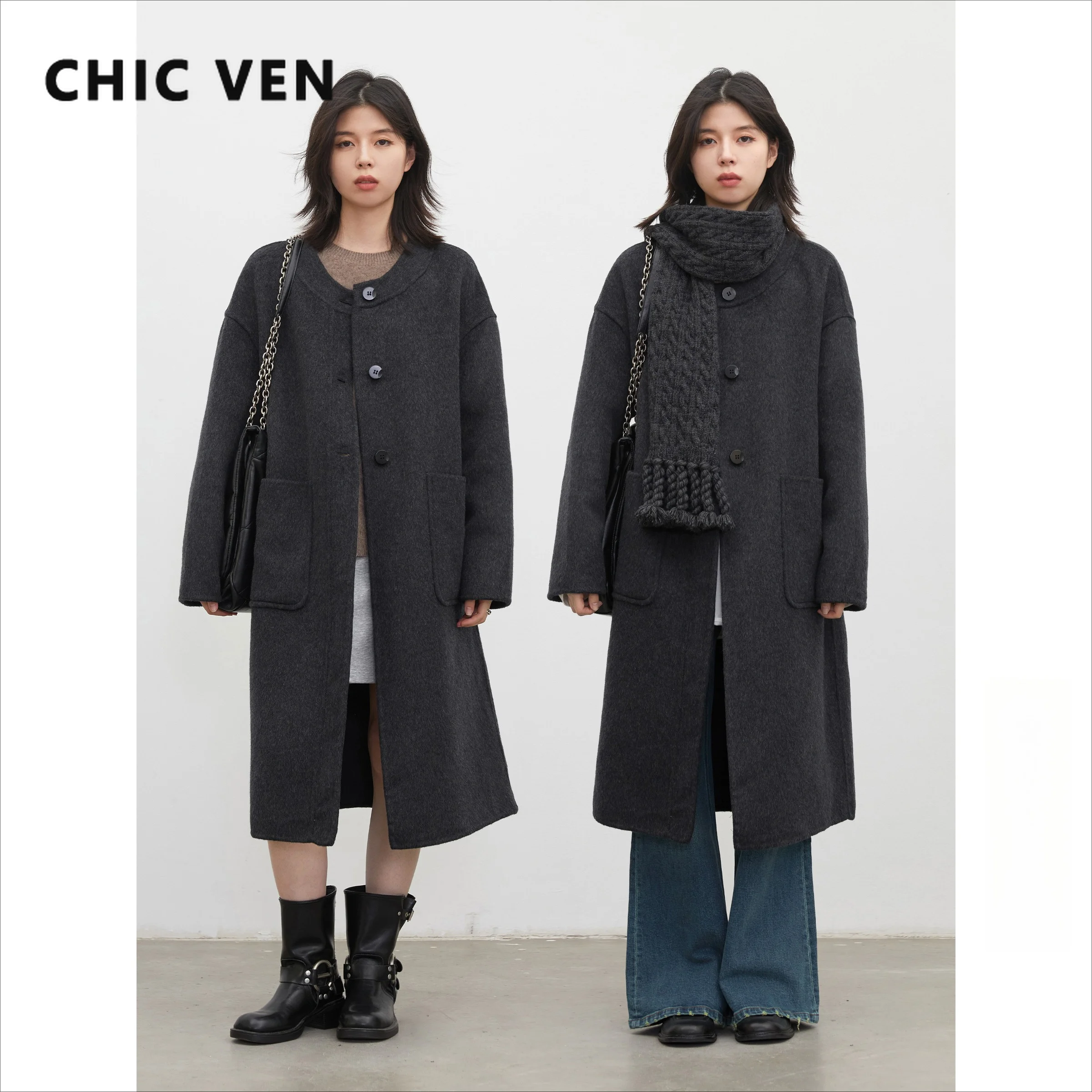 CHIC VEN New Women Long Woolen Coat Double-breasted Loose Casual  Office Ladies Overcoat With scarf Autumn Winter 2026 Clothes