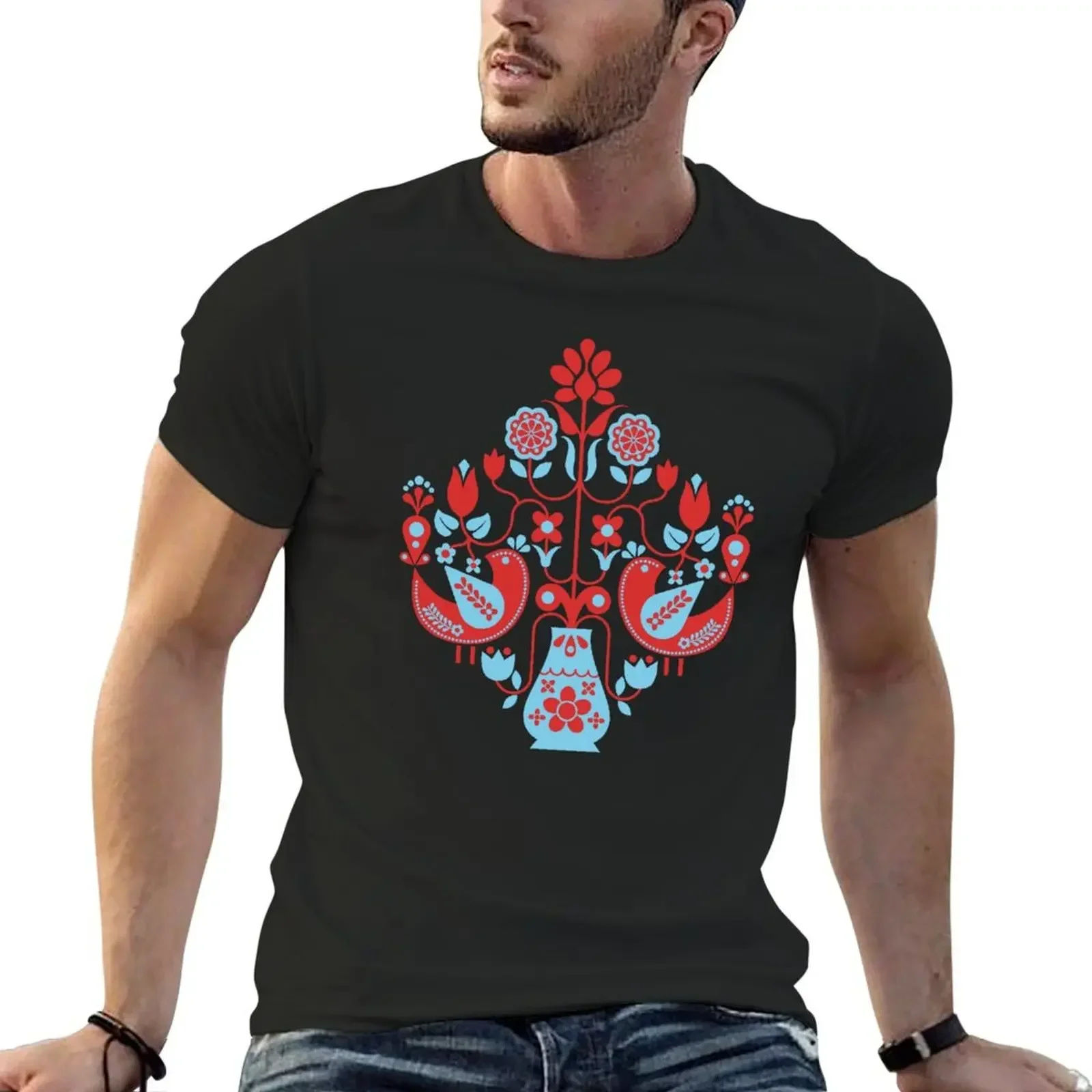 Swedish Scandi Mod Retro Floral With Birds - Blue & Red T-Shirt kawaii clothes quick drying graphics plain black t shirts men