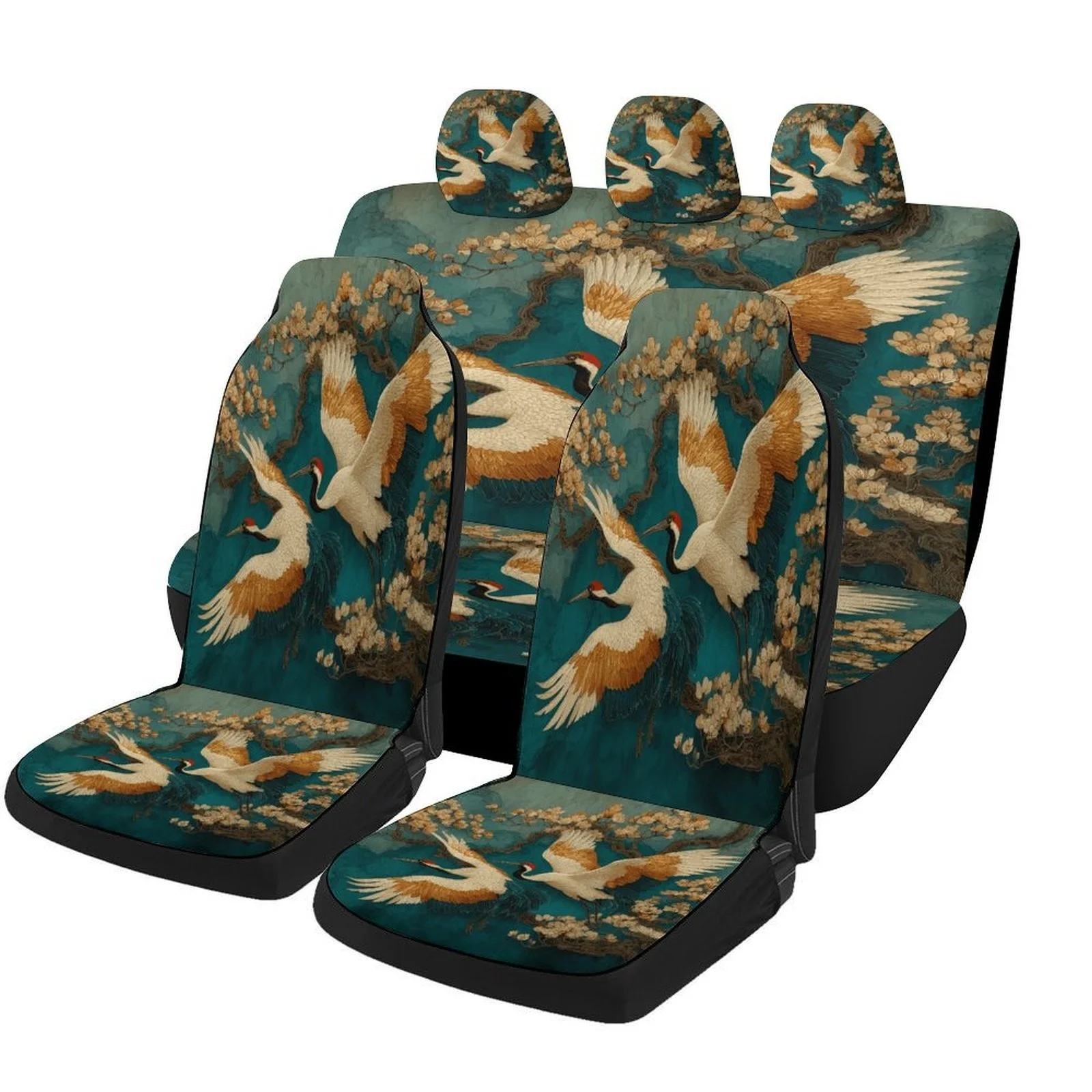 Elegant Flying Cranes & Blossoms Car Seat Cover Set - High-Quality, Machine Washable, Universal Fit For 2 Front & Rear Seats, Al