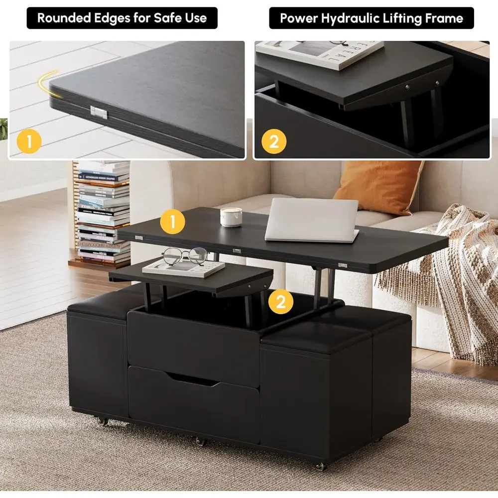 Coffee Table with Stools, Black 3-in-1 Modern Lift-Top Folding Center Table with Hidden Storage, Casters, and Lockable Wheels –