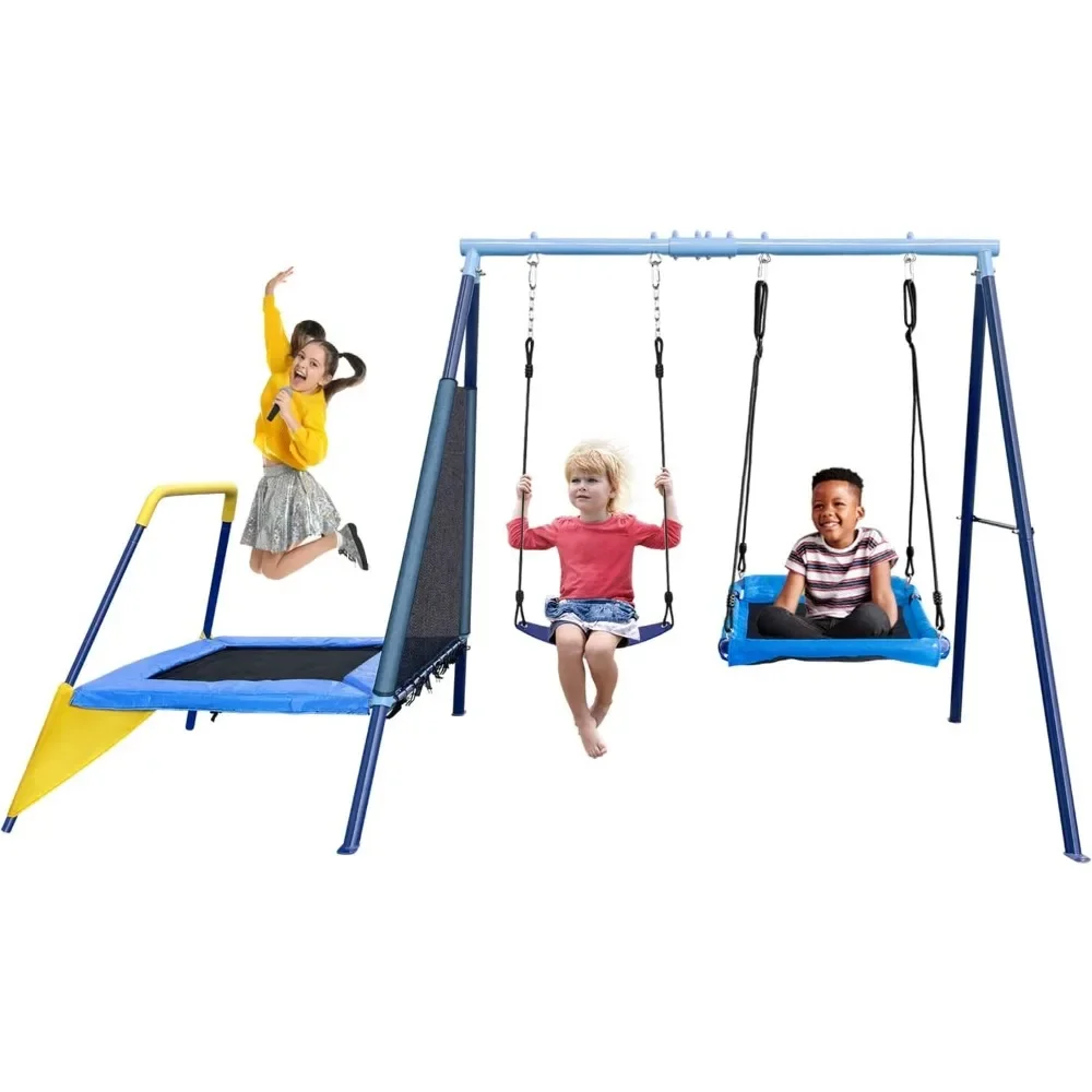 

3 in 1 Multifunction Kids Swing Set for Backyard - Heavy Duty A-Frame Metal Stand, Platform & Belt Swing