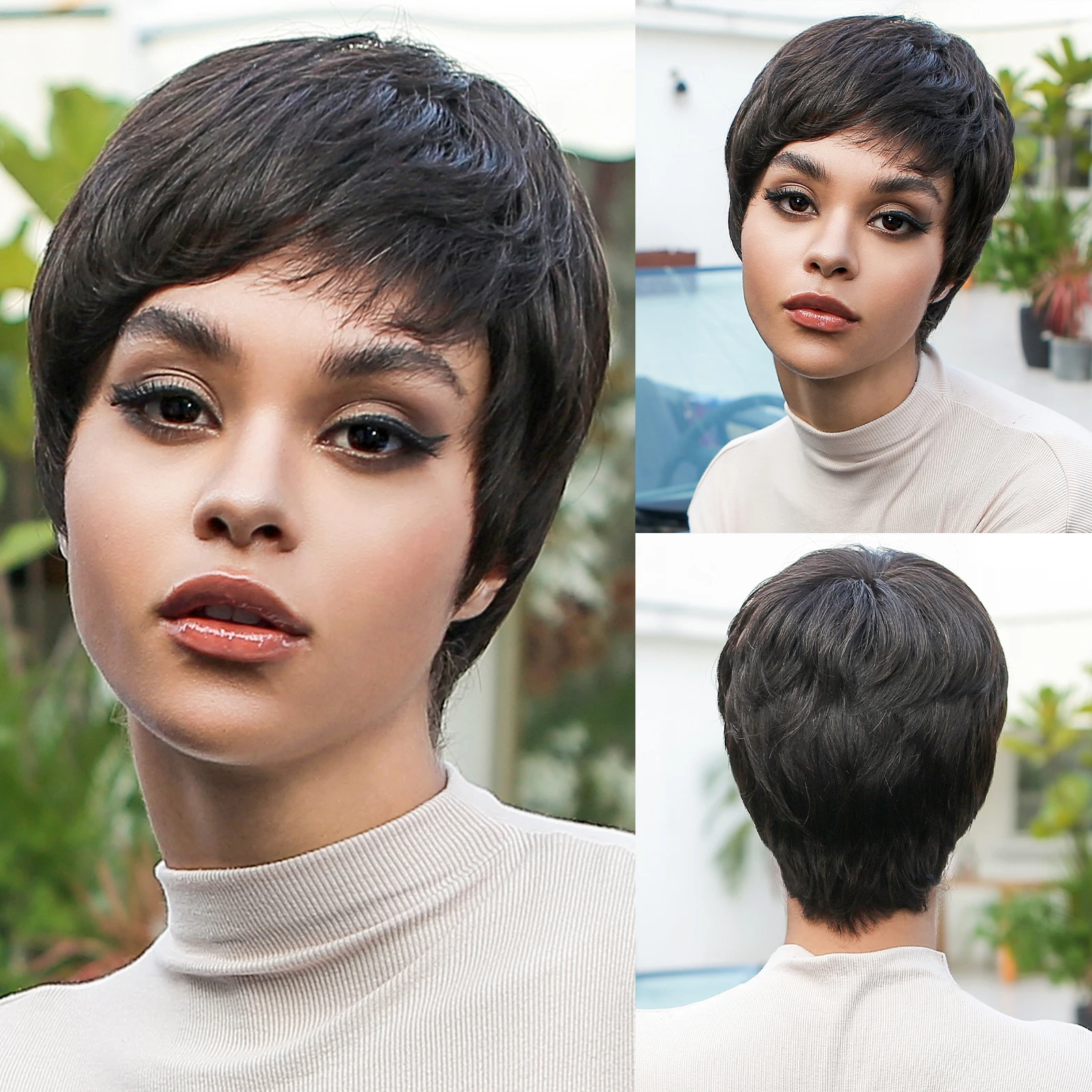 

Human Hair Short Pixie Cut Bob Hair Natural Black Straight Remy Human Hair with Bangs Mechanism Hair for Afro Women Brizilian