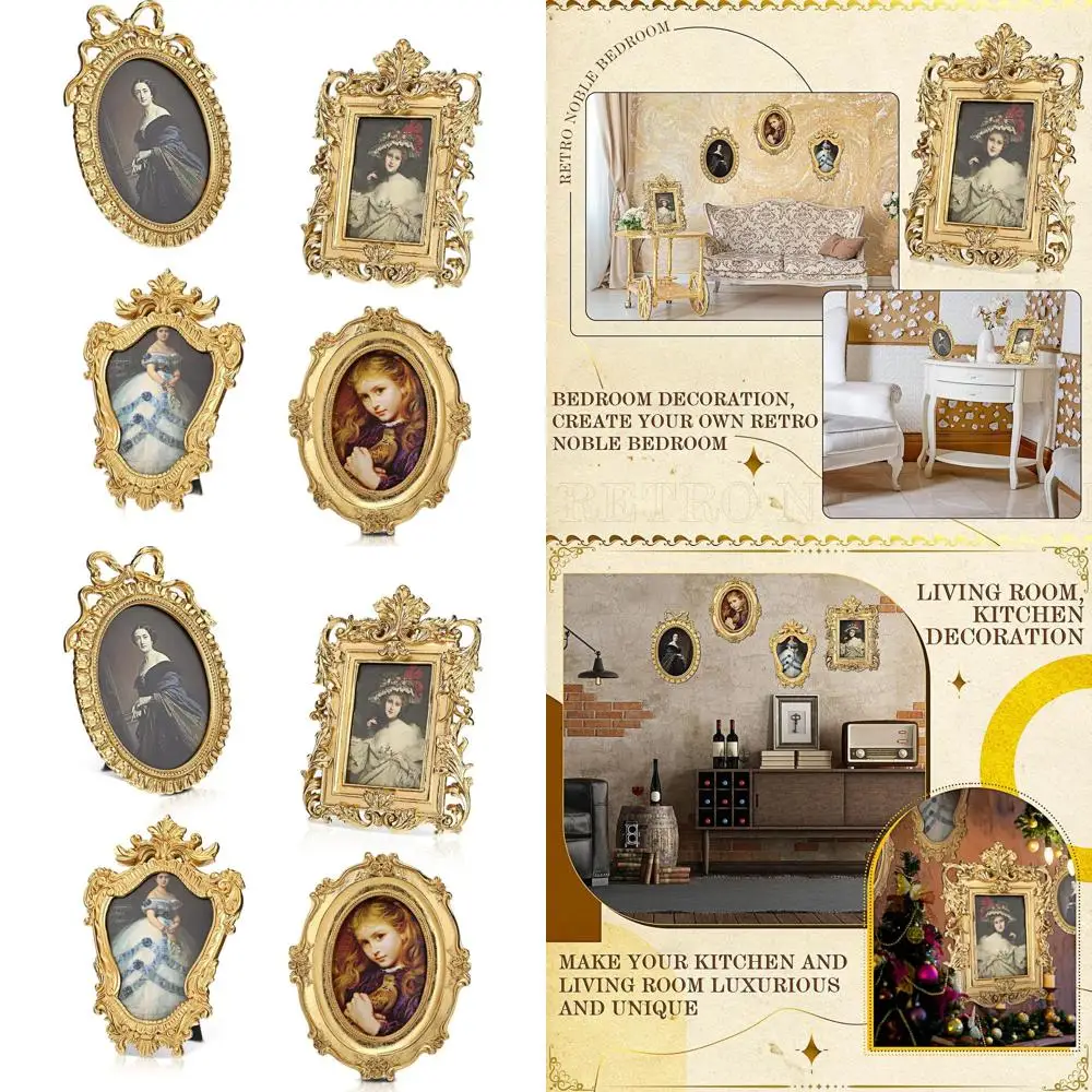 

Набор винтажных золотых рамок для фотографий - Овальные и прямоугольные рамки с декоративным орнаментом для настенного и настольного размещения фотографий