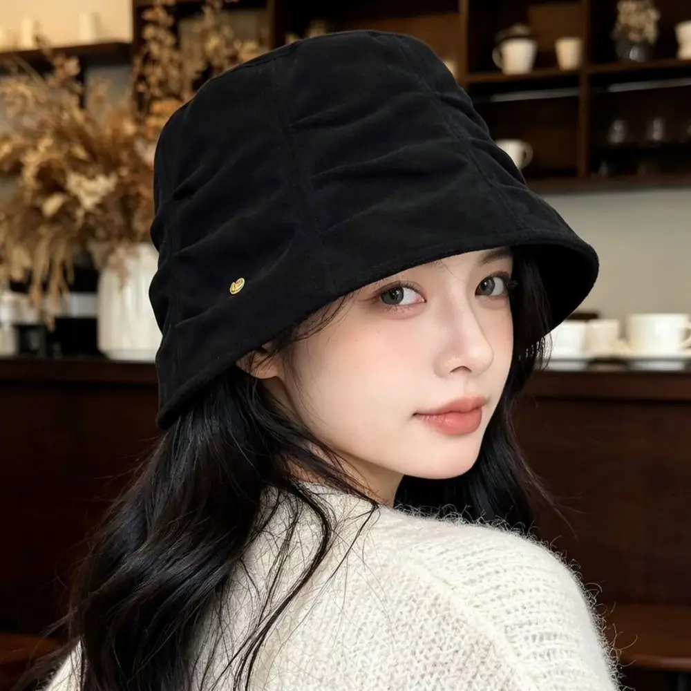 Soft Polyester Fisherman Hat Autumn Winter Warm Foldable Bucket Cap Fashion Elegant Solid Color Metal Logo Large Head Fit