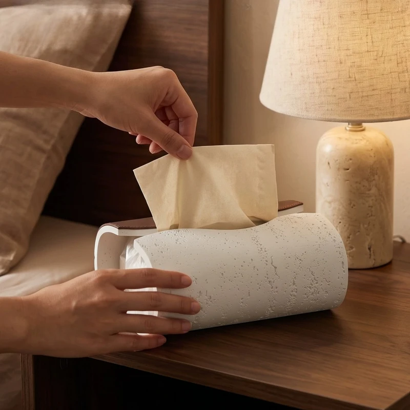 Beige Travertine Tissue Box Cover, Brown Leather Trim Rectangular Tissue Holder, Luxury Living Room Coffee Table Decor