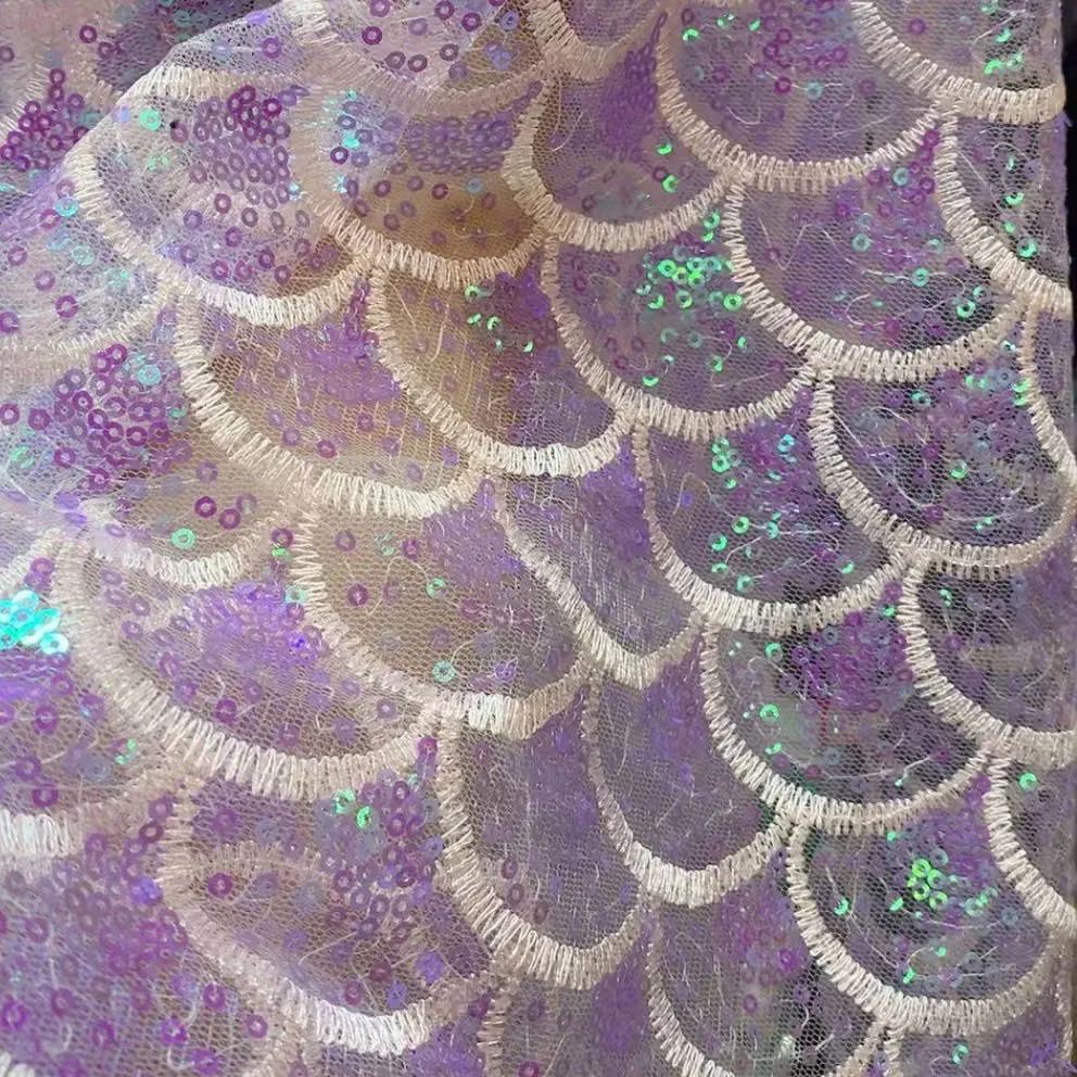 Ocean Mermaid Fairy Colorful Fish Scale Glitter Laser Embroidery Mesh Fabric Dreamy Background Clothing Designer Fabric