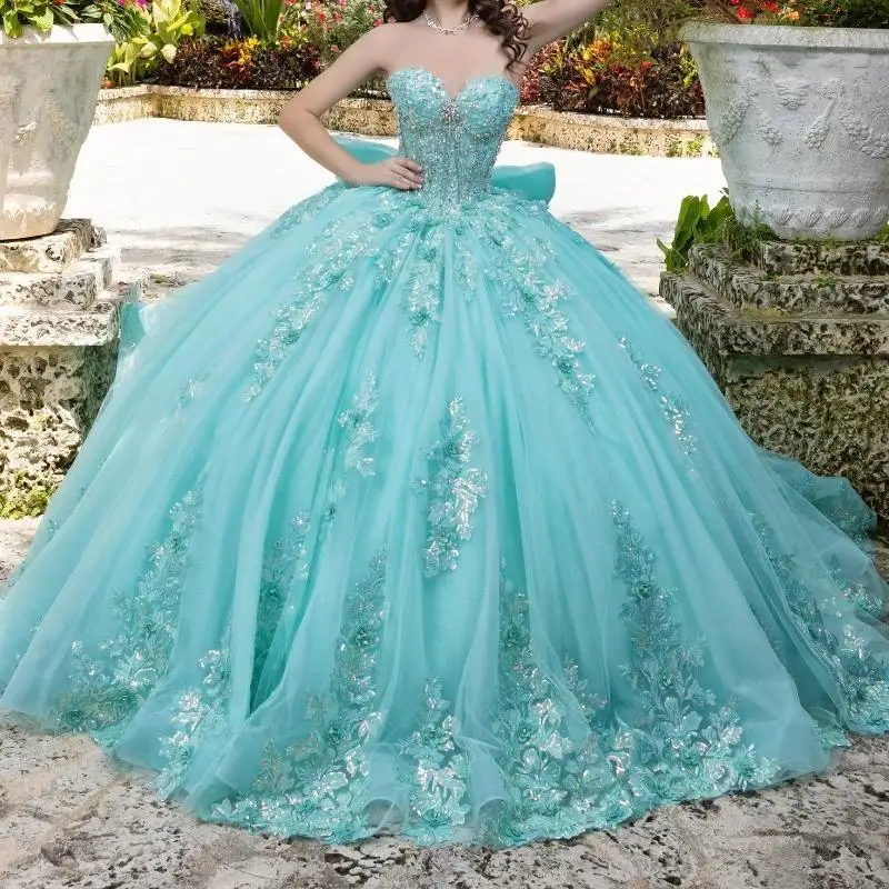 

Mint Green Shiny Princess 16 Quinceanera Dresses Off The Shoulder Applique Beads Bow Elegant Party Birthday Vestides15