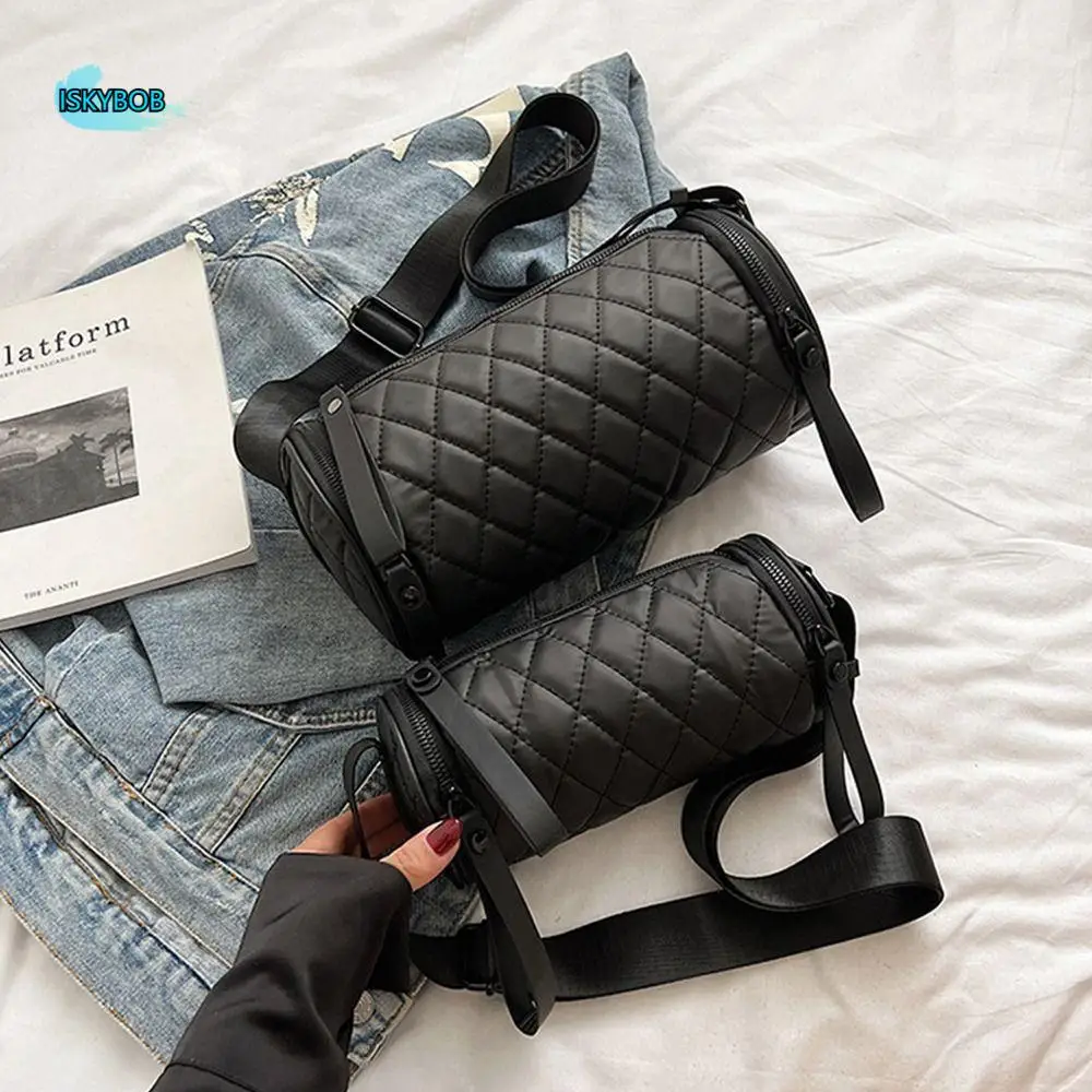 

Casual Elegant Nylon Shoulder Bag Korean Style Plaid Rhombus Crossbody Bag Solid Color Handbag Cylinder Bag Lady