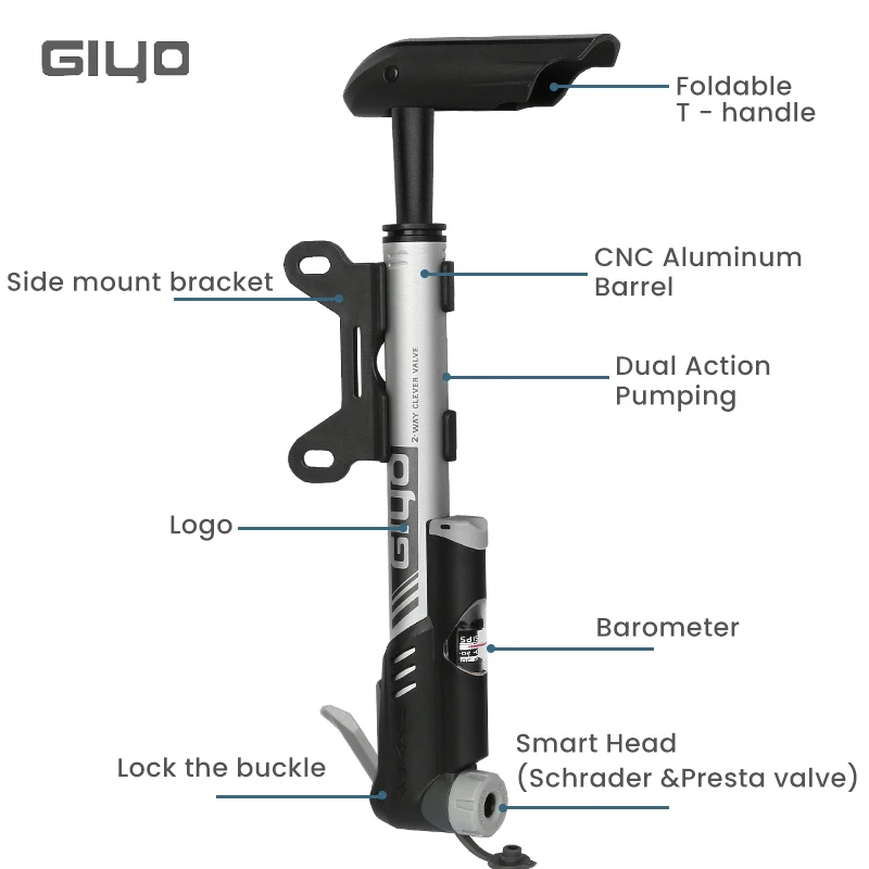 GIYO Bicycle Dual Action Pump Cycling 120psi Mini Portable Hand Pump MTB Road Bike Presta Schrader Valve Inflator Tire Air Pump