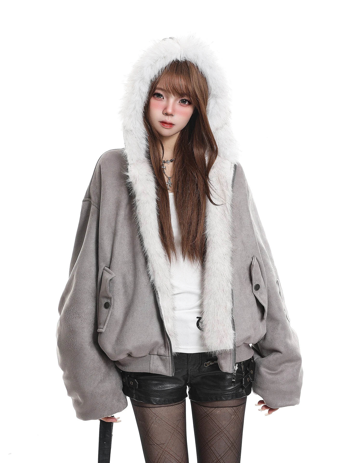 American Style Double-Sided Wear Fur Collar Jacket Women's Winter Fleece Lined Thickened Loose Hooded Cotton Coat