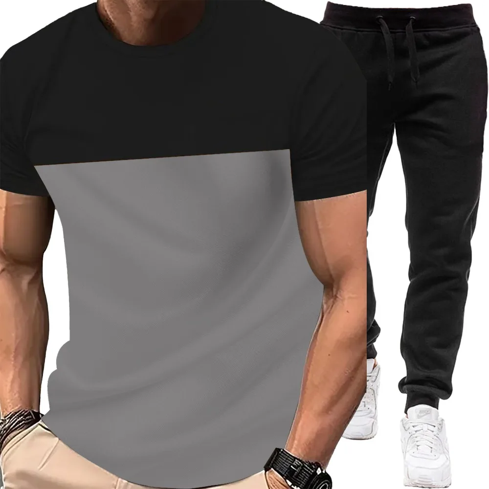 

New Men's Summer Short Sleeve T-Shirt & Pants Set, Crew Neck Color Block Tee, Trendy Casual Sports Outfit
