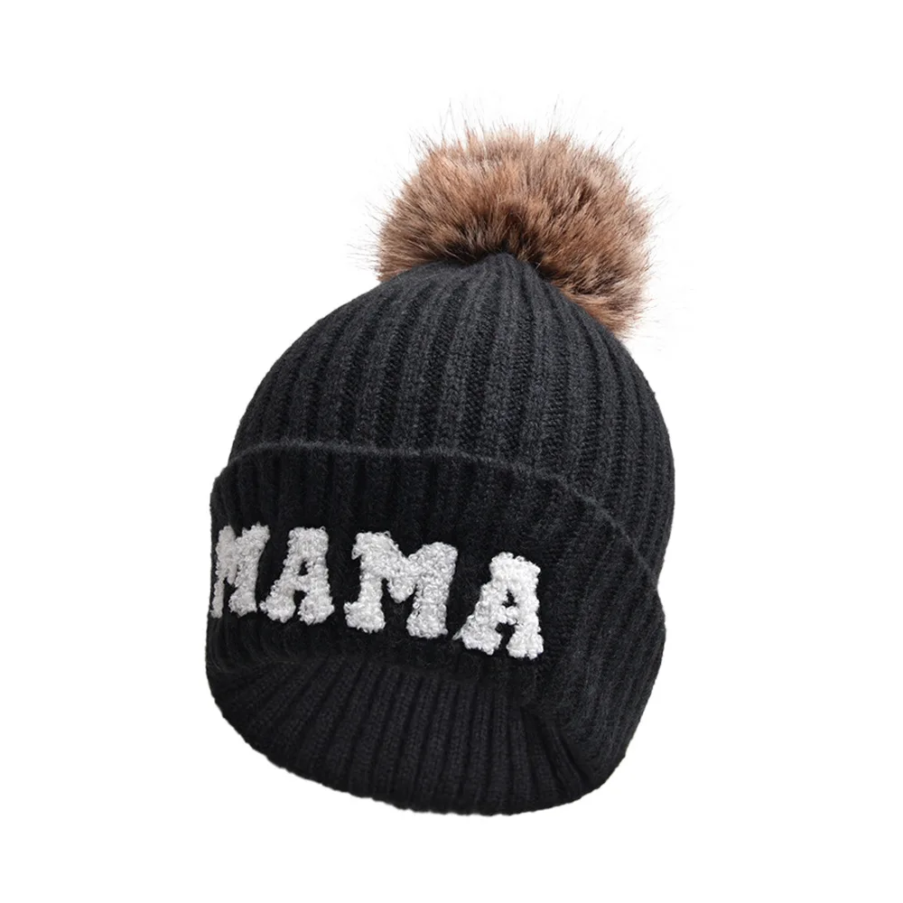 Winter Baby Boy Girl Letter Mini Knitted Hat Children Pompom Caps Mother Baby Hat