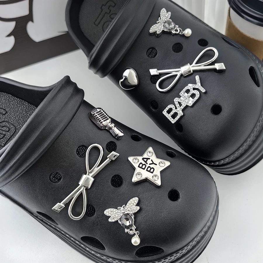 

8pcs Silvery Bow Star ABS Diamond Shoe Charms Detachable DIY Decorations Suitable For Crocs Clogs Bogg Beach Bag Gift Idea