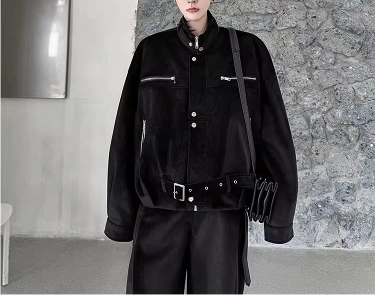 الرجال 2025 شتاء جديد متعدد سستة تصميم الوقوف طوق سترة مجموعات الرجال موضة واسعة الساق السراويل الطويلة سميكة قطعتين مجموعات