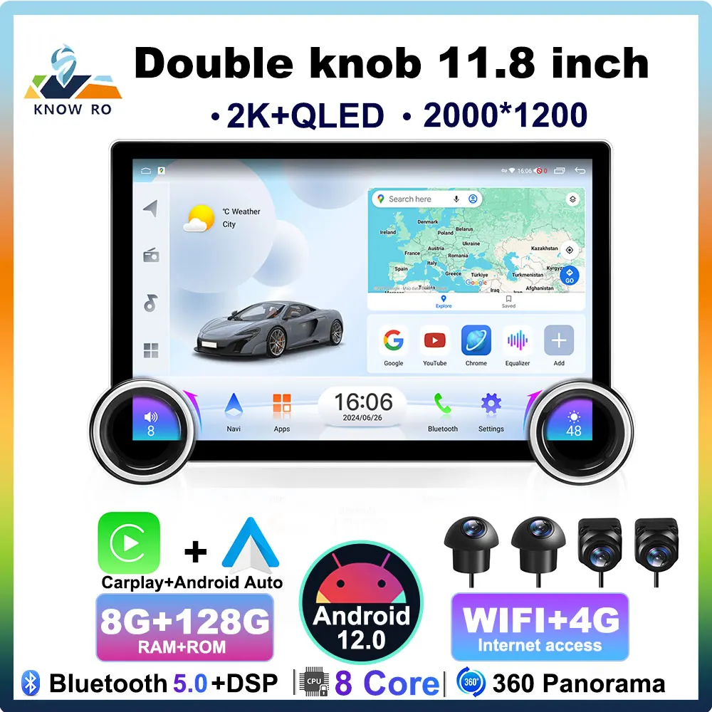 KNOWRO 2Din 11.8” 2K 2000*1200 Android 12 Car Universal Multimedia Player with Android Auto GPS Navigation Carplay Double Knob