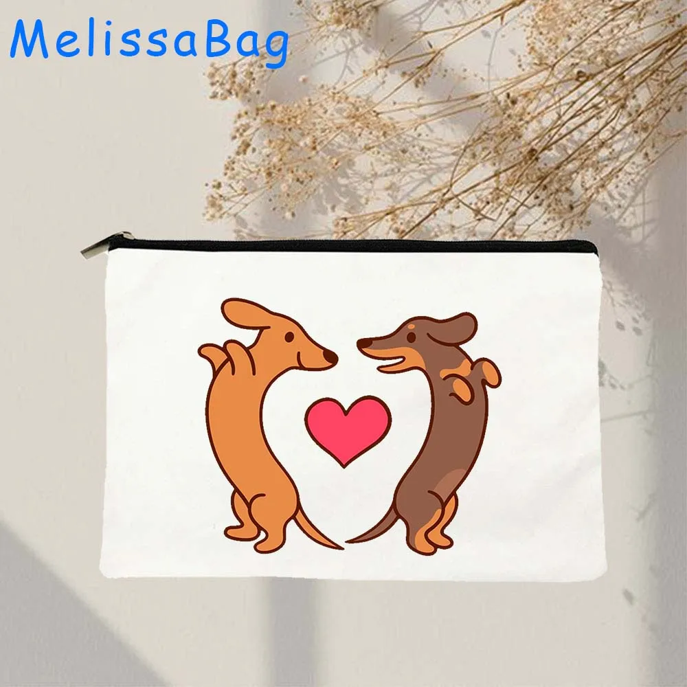 Funny Tan Smooth Dachshund Dog Mom Lover Gifts Cute Pet Cartoon Wiener Dog Canvas Cosmetic Makeup Bags Pencil Case Zipper Pouch