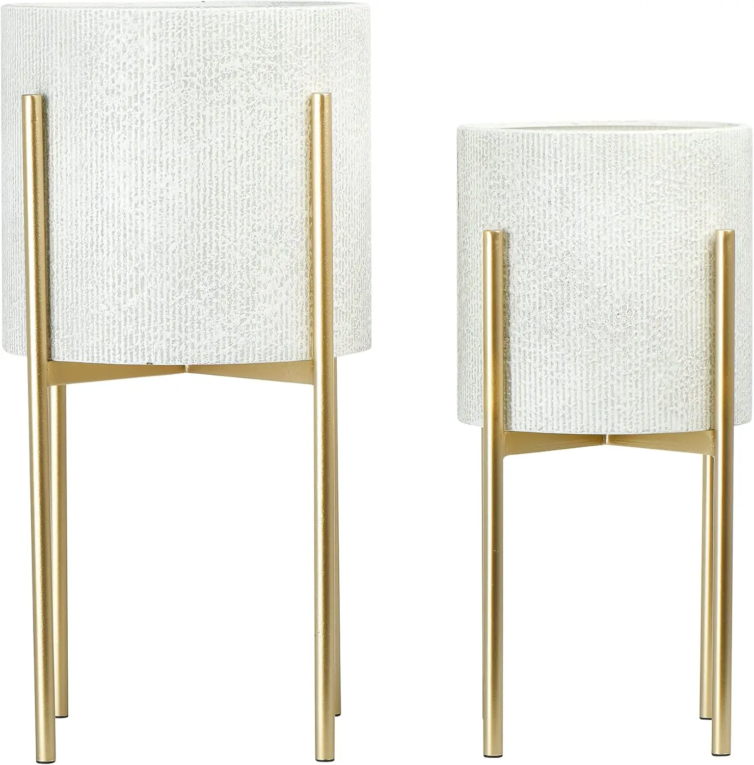 Modern Boho Embossed Metal Planters with Stands, White and Gold, Set of 2 Sizes