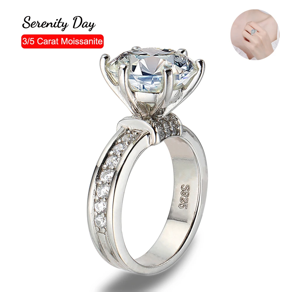 Serenity Day S925 Sterling Silver Plating Pt950 Inlaid 3/5 Carat Moissanite Ring D Color VVS High Crown Fine Jewelry For Women