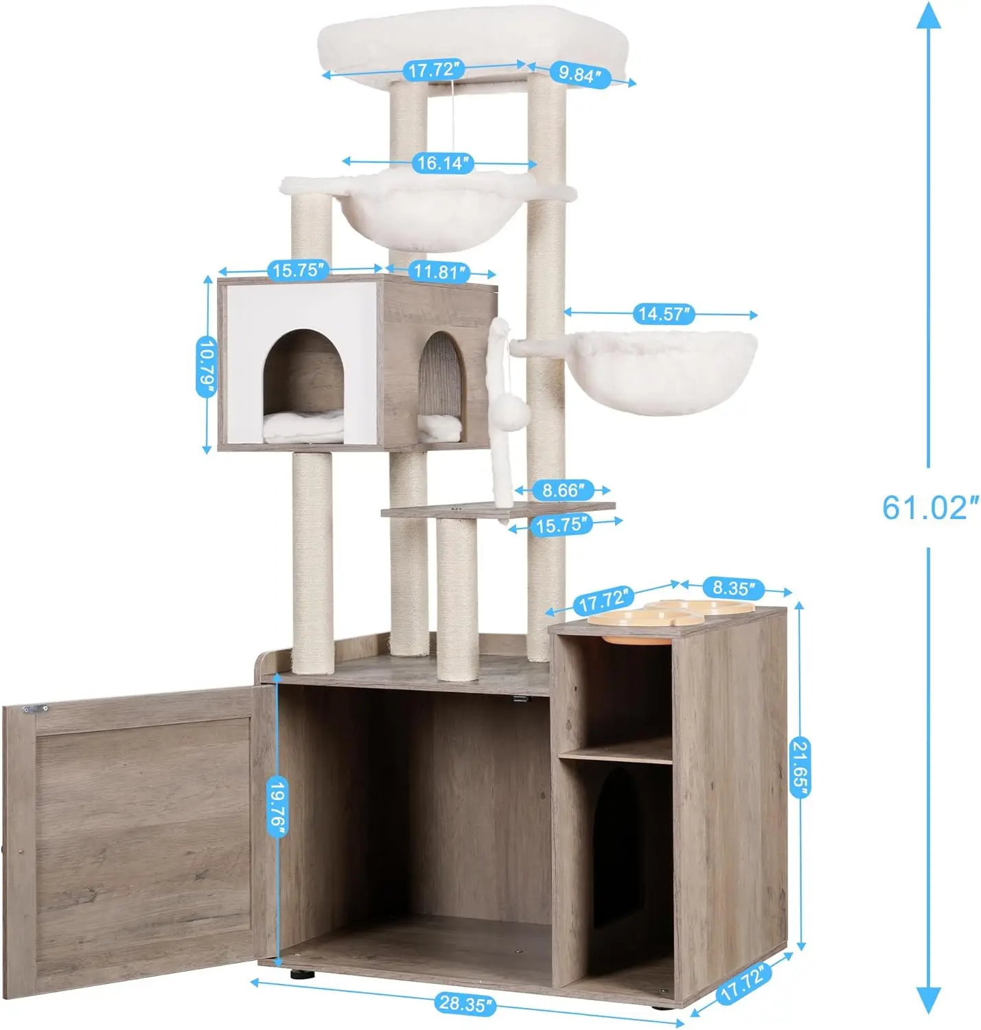 Modern Cat Tower for Indoor Cats with Large Platform, Condo Food Station