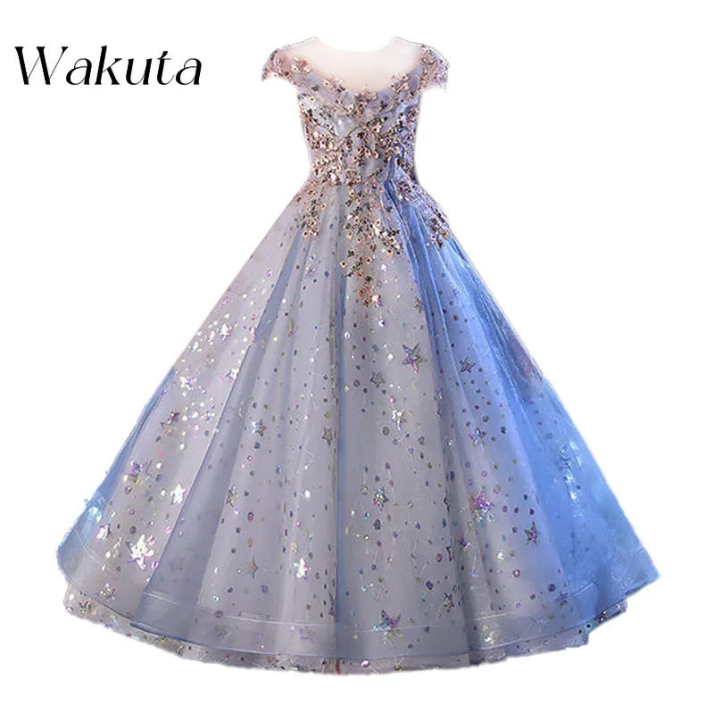 Wakuta Mode Rundhals ausschnitt Kurzarm Applikation Luxus Abend Vestidos de Fiesta elegante Prinzessin Hochzeit Abschluss ball Kinder kleid