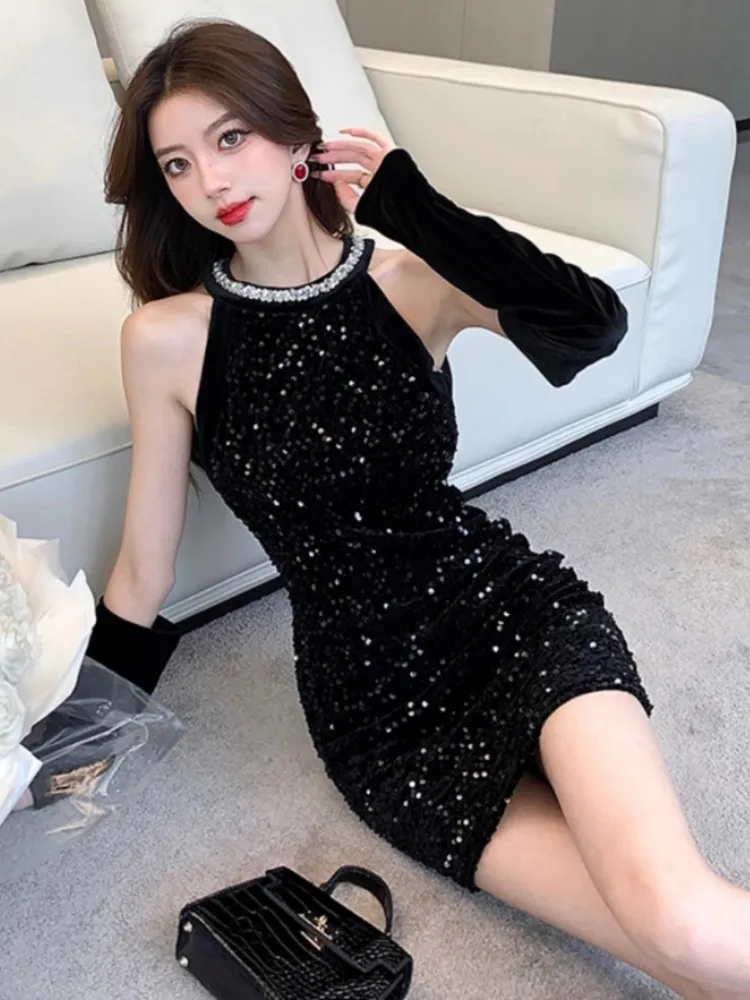 Ezgaga Mini Dresses Women Sequins Patchwork Halter Slim Autumn Winter Fashion French Style Chic Sexy Dress Party Clubwear