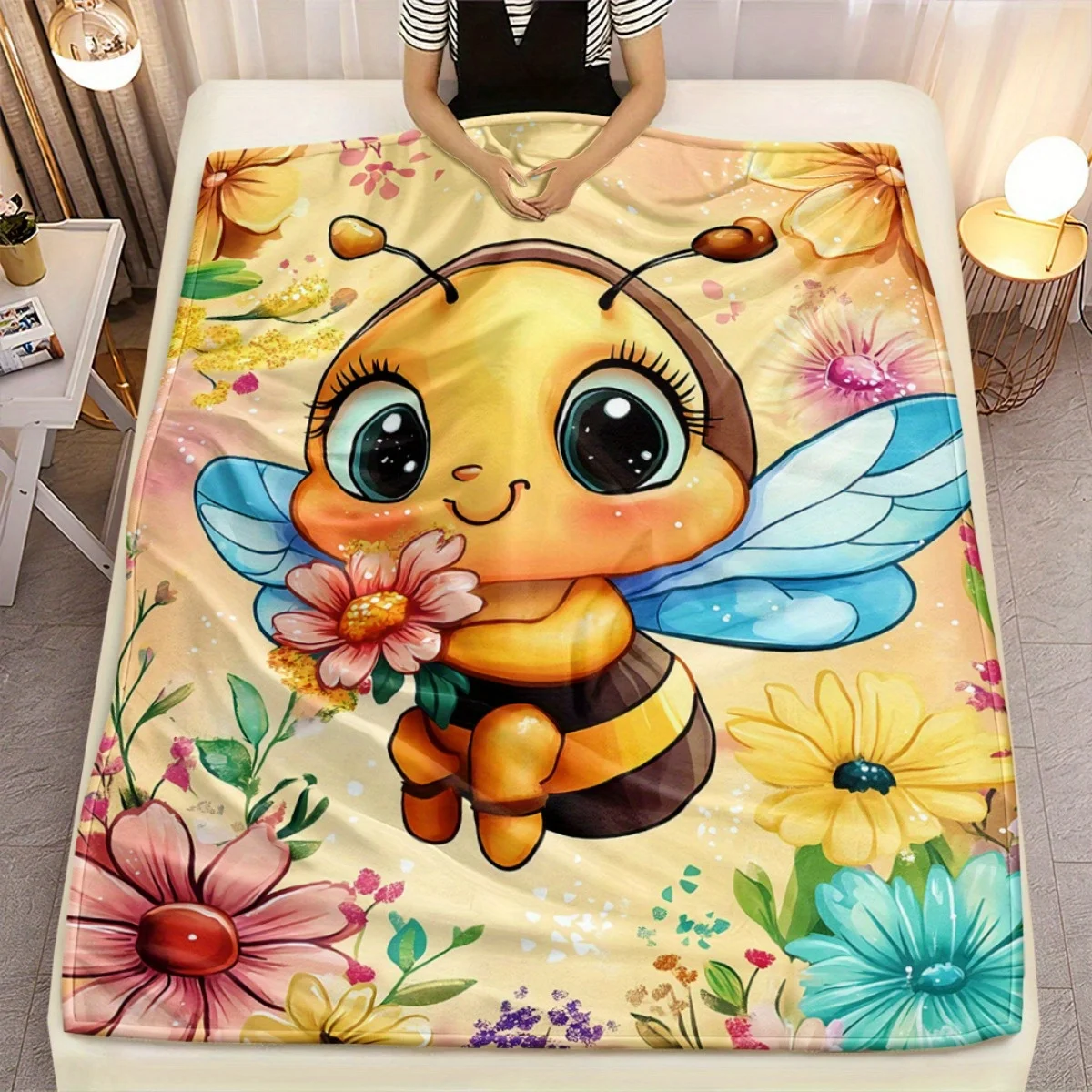 Bee with Blue Wings Flannel Blanket Printed Bedding for Sofas, Beds, Travel, Camping, Home & Office Use