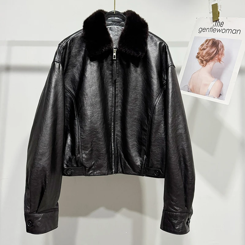 سترة جلدية للنساء مستوردة من زيت الندى البارد الشمع طبقة علوية من فرو الغنم المتكامل معطف قصير من ريش الإوز ملابس خارجية أنيقة دافئة #4