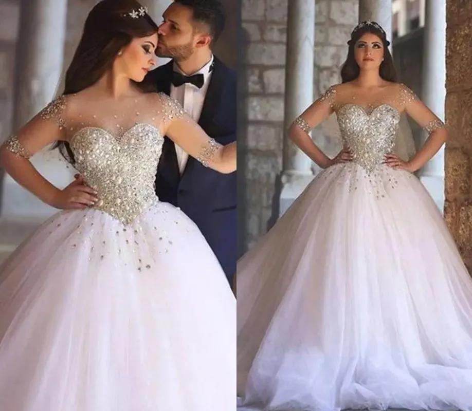 Vestidos de novia luxo contas de cristal meia mangas vestidos de casamento 2023 sheer voltar tule árabe dubai vestidos de noiva robe mariee