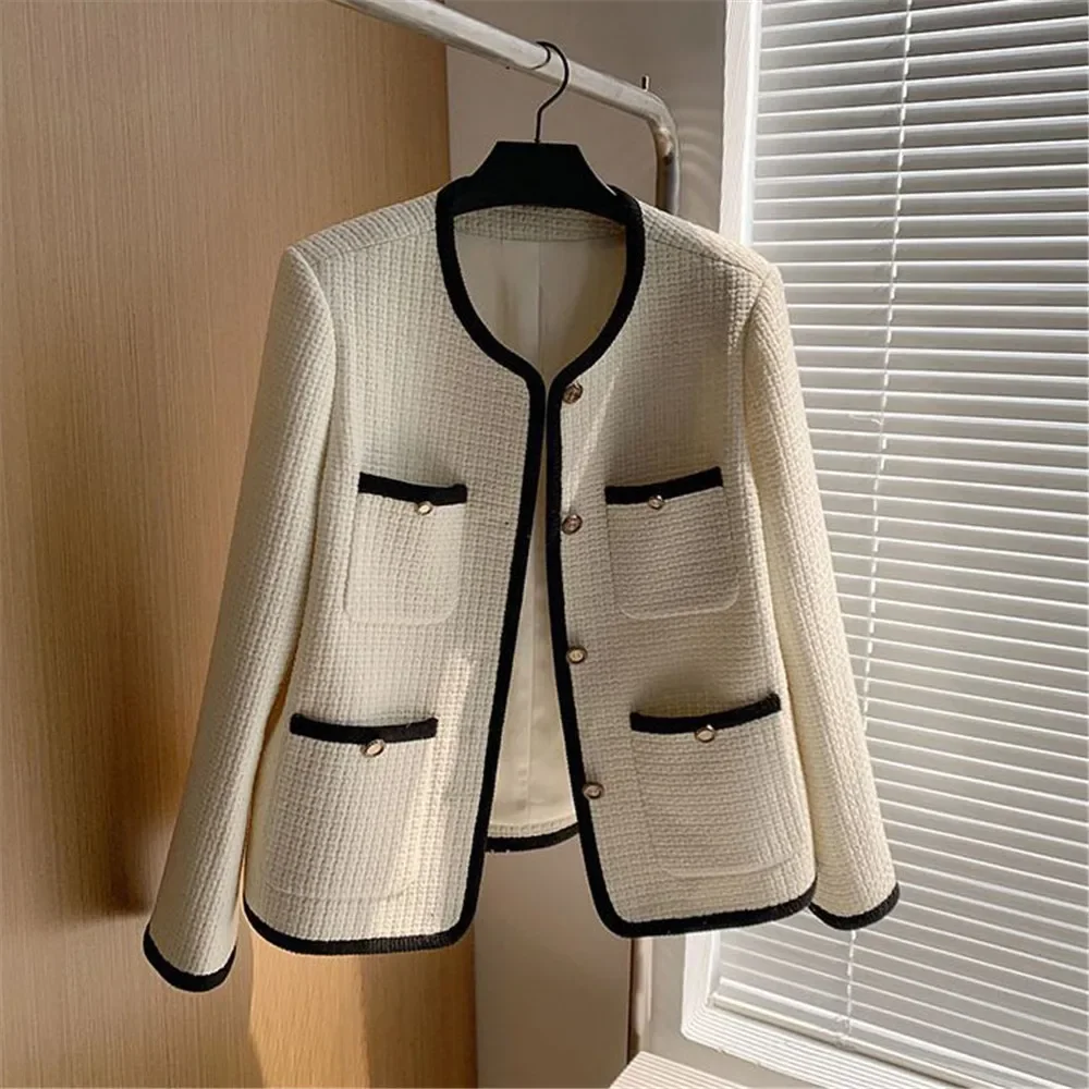 

Tweed Jacket Women Single Breasted Black Coat Autumn Vintage Beige Korean Chic Outwear Office Ladies Oversize Z560