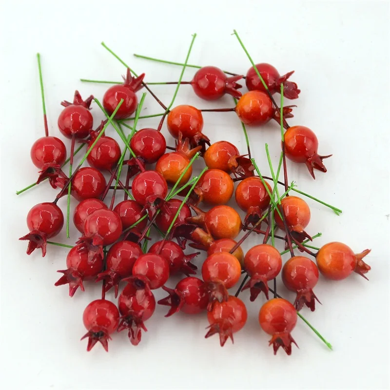 50pcs Small WIth Stem Simulation Pomegranate Fruit Berries Artificial Flower Red Christmas Cherry Stamen  Wedding Decoration