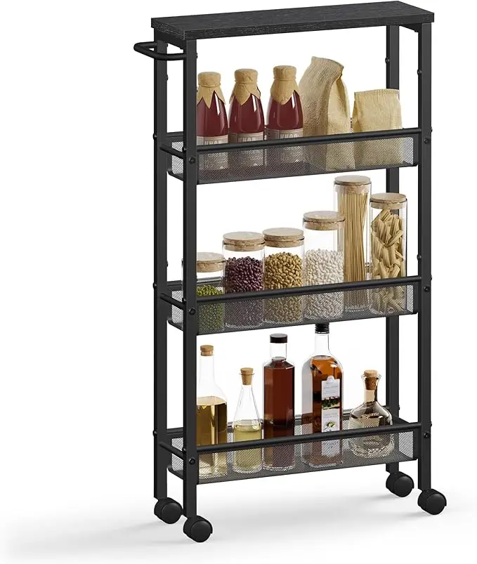 Vasagle 4-Level Trolley Smalle Keuken Trolley Niche Rack Op Wielen Stalen Handvat