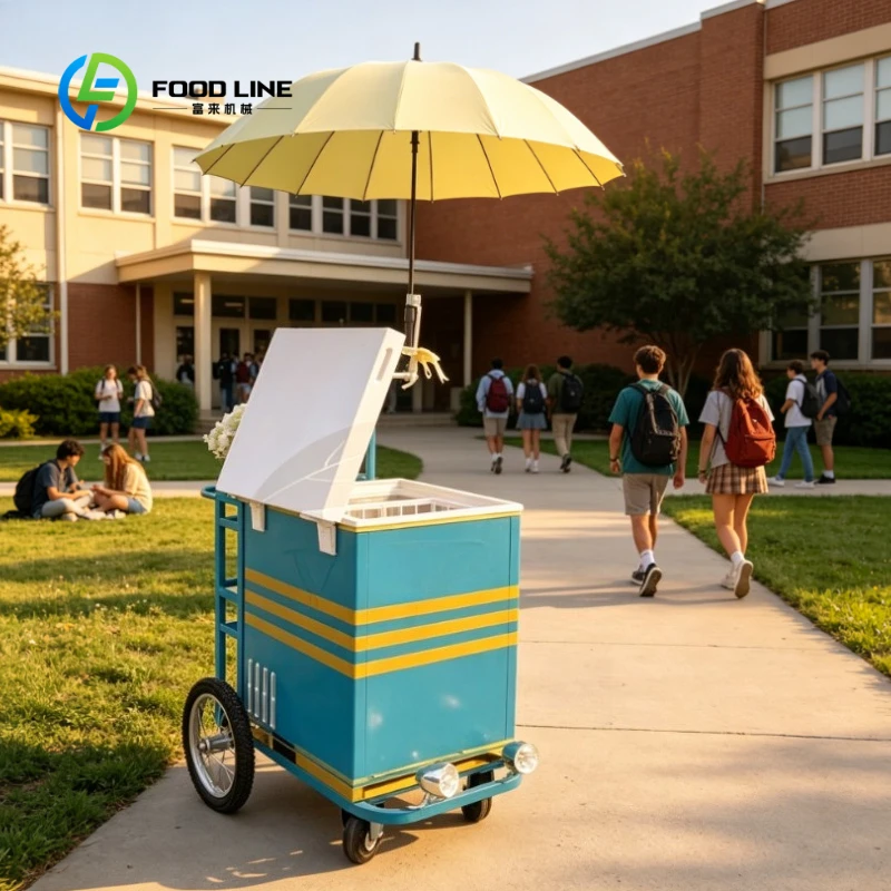 Customized Mini Ice Cream Cart, Umbrella-Equipped Popsicle Cooler Cart for Summer Outdoor Street & Beach Business