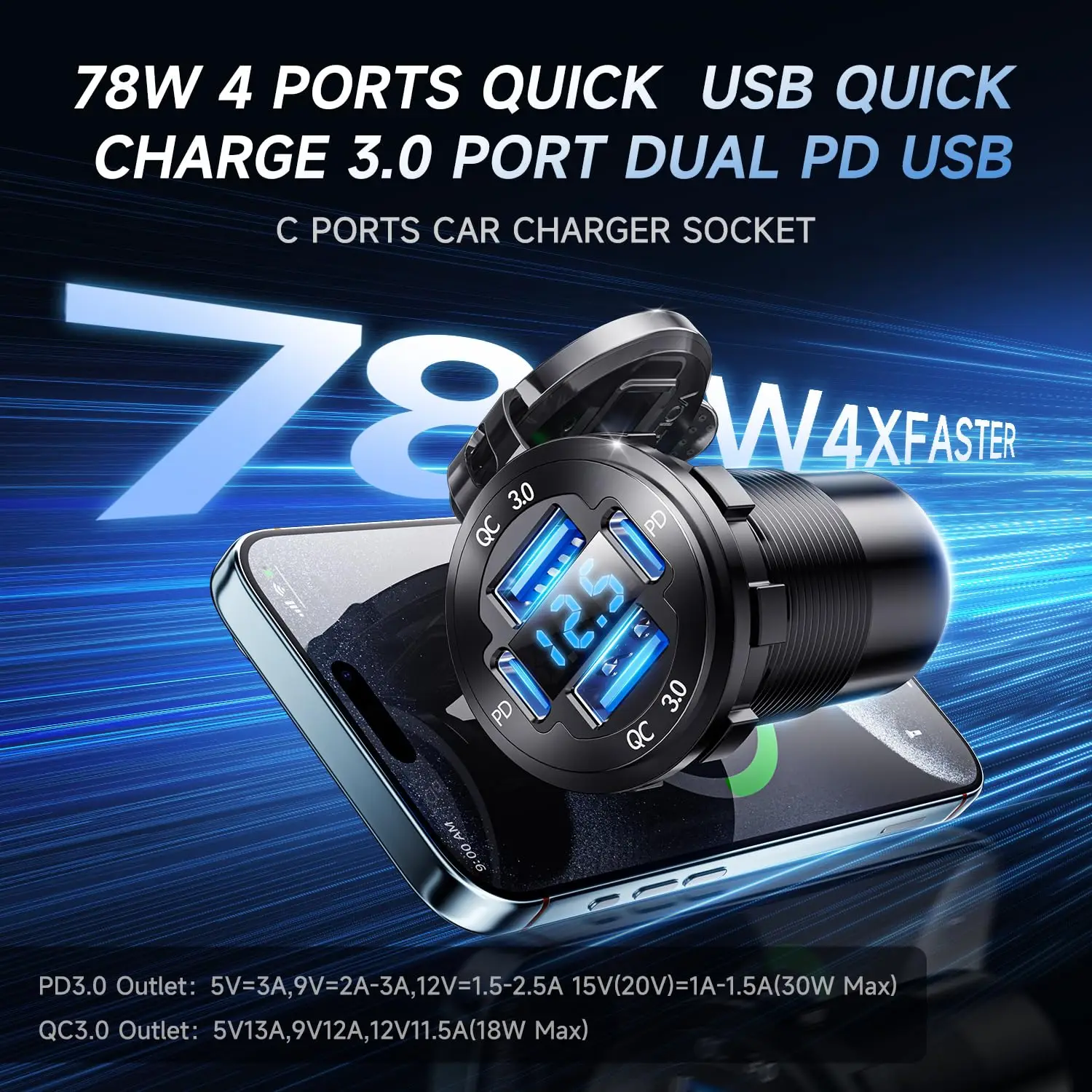 4 Port 12V USB Outlet 78W Dual PD3.0 & Dual QC3.0 Aluminum Alloy USB Ports with LED Voltmeter Waterproof for Boat RV Truck Bus
