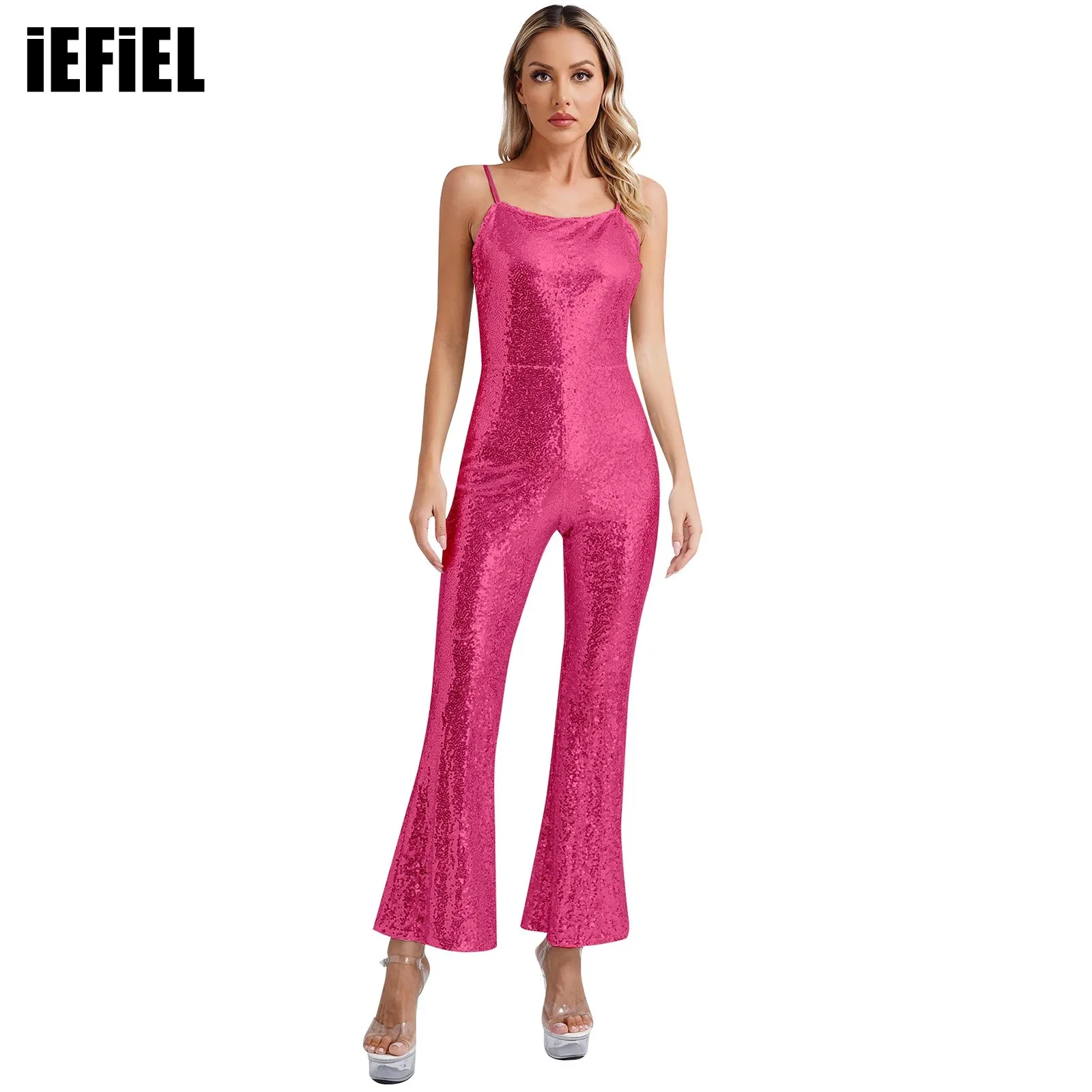 

Womens Sparkly Sequin Slip Rompers Spaghetti Straps High Waist Wide Leg Flare Pants One-Piece Jumpsuit for Halloween Club Party