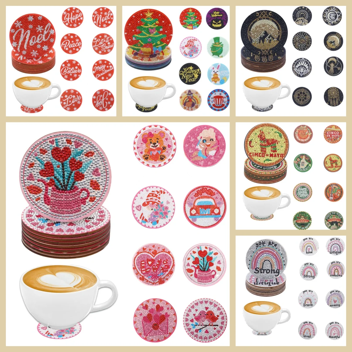 8er-Set mit diamantbemalten Untersetzer zum Selbermachen, rutschfeste Holzuntersetzer mit Weihnachtsblumenmotiv, Wohnzimmer, Küche