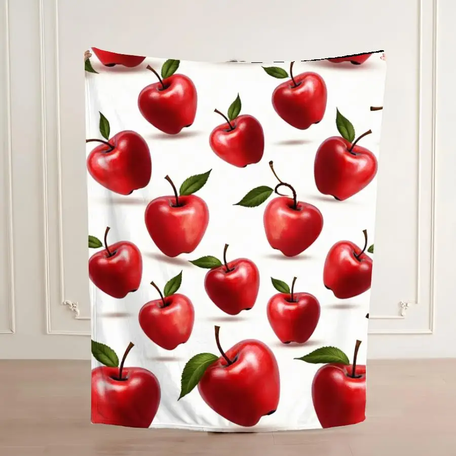 Glossy Red Apple Pattern Flannel Blanket, Soft Warm All-Season Throw with Green Leaves on White Background, Machine Washable Home Decor for Living Room And Bedroom, Ideal Gift for Fruit Lovers Weighted Blanket 280GS | Funny Blanket