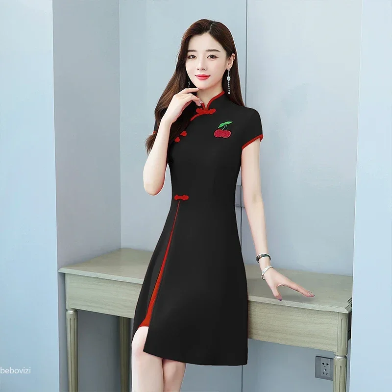 중국 스타일 여름 개선 Cheongsam 슬림 미디 반팔 모던 Qipao 드레스, 여성 의류 CNY