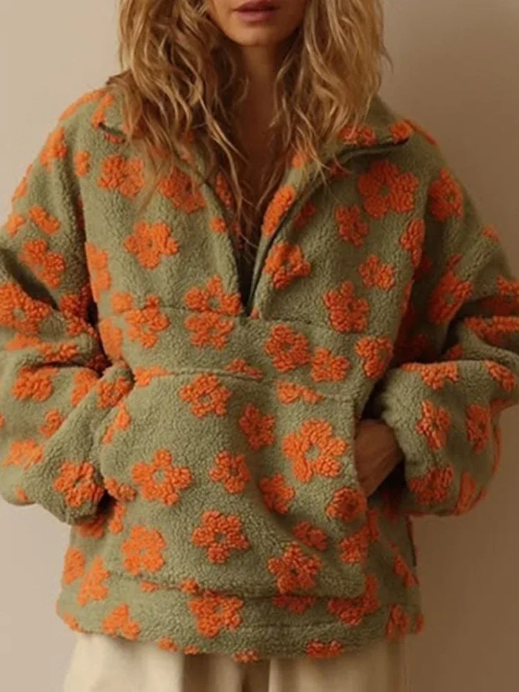 Autumn Winter Women Thick Print Floral Sweatshirts Turtle Neck Half Zipper Pullover Long Sleeve Loose Sweatshirt Warm Sweatshirt