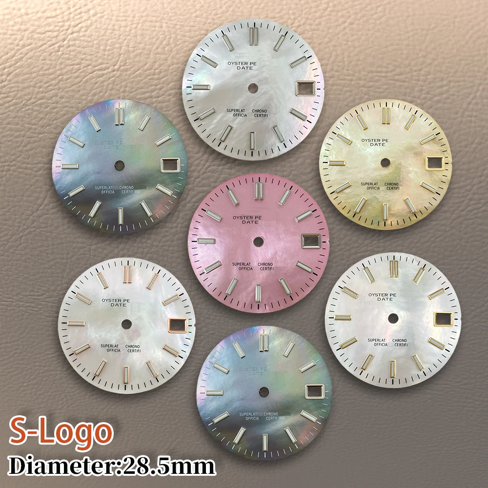 28.5mm S Logo NH35 Log Mother pearl Dial Fit NH36 Movement Green Luminous High Quality Watch Modification Accessories Repair