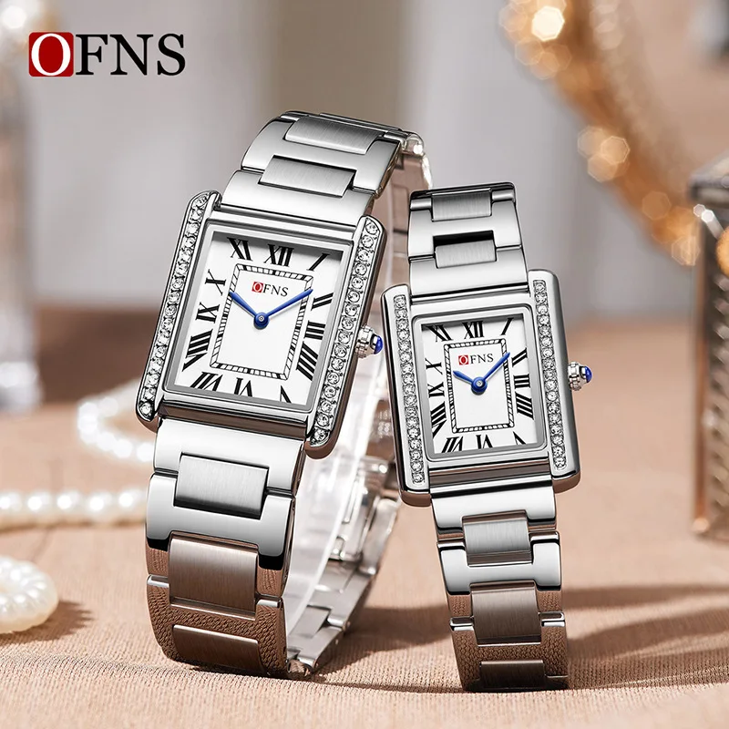 OFNS-Montre-bracelet rectangulaire en cuir et acier inoxydable pour hommes et femmes, montres-bracelets à quartz pour couple, diamant de luxe, cadeau pour fille, 1509, 1520