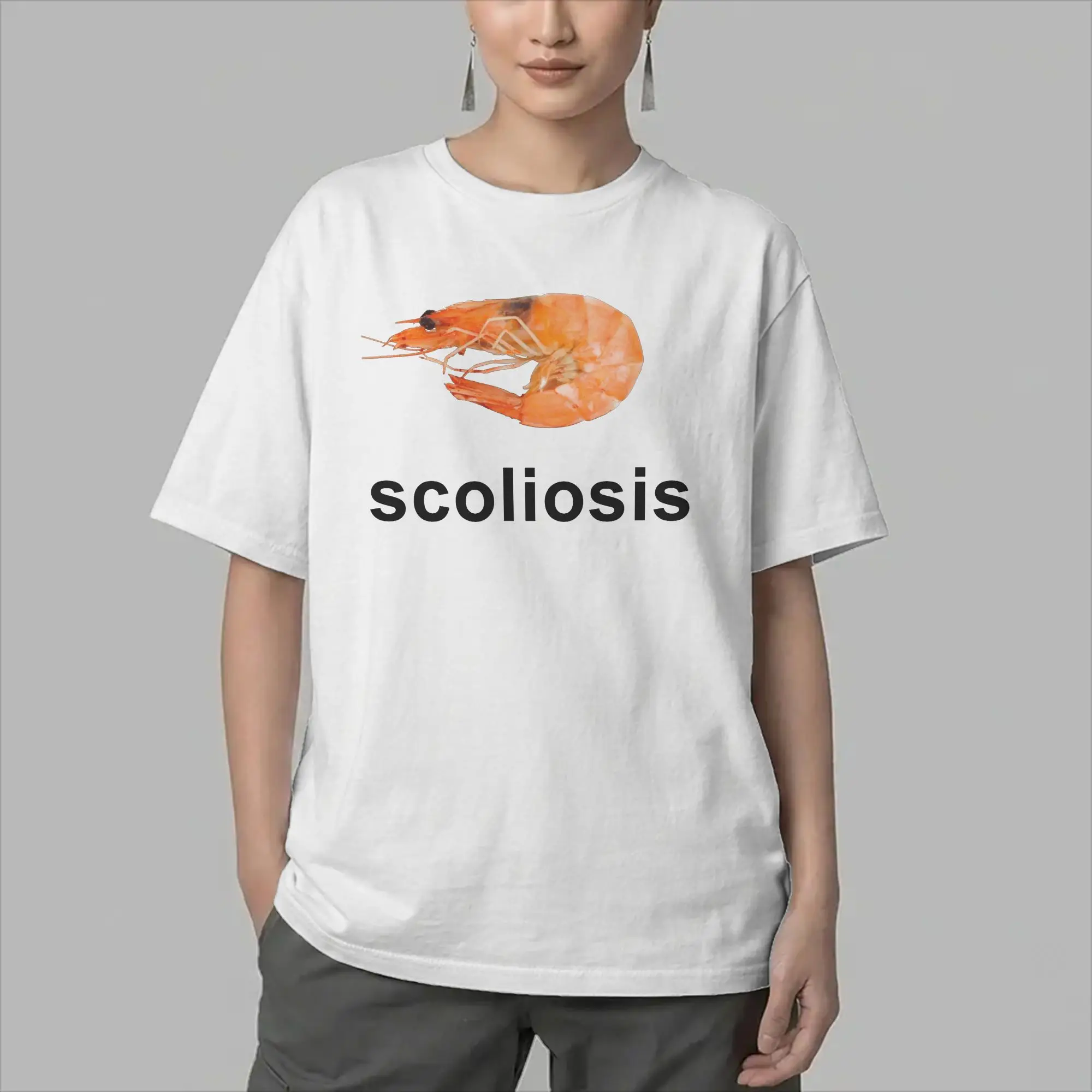 Men T-Shirt Scoliosis Shrimp Prawn Meme Vintage Pure Cotton Tees Short Sleeve  T Shirt O Neck Clothes Classic