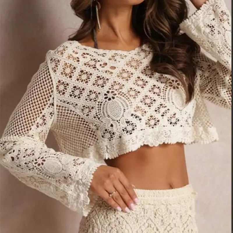 Summer Vacation Lace Cover Up Crop Top Long Sleeve Round Neck Crochet Knit Shirt
