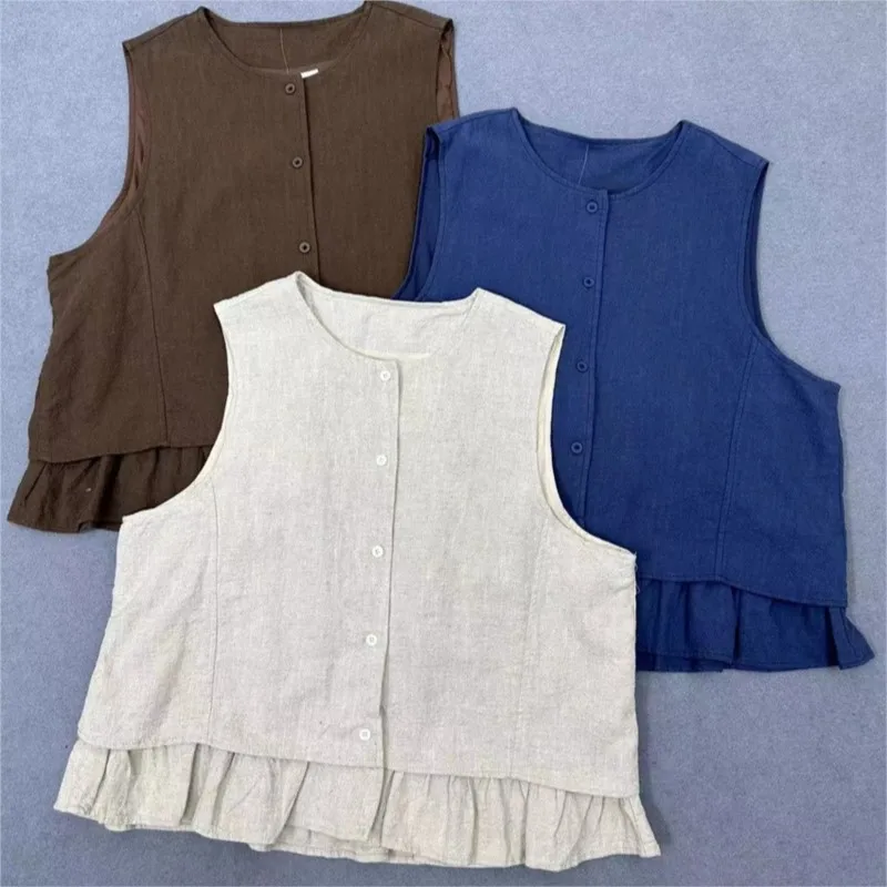 Johnature 2024 New Spring Summer Japanese Women Mori Sleeveless Ruffles Vests Retro Cotton Linen Loose All Match Casual Vests