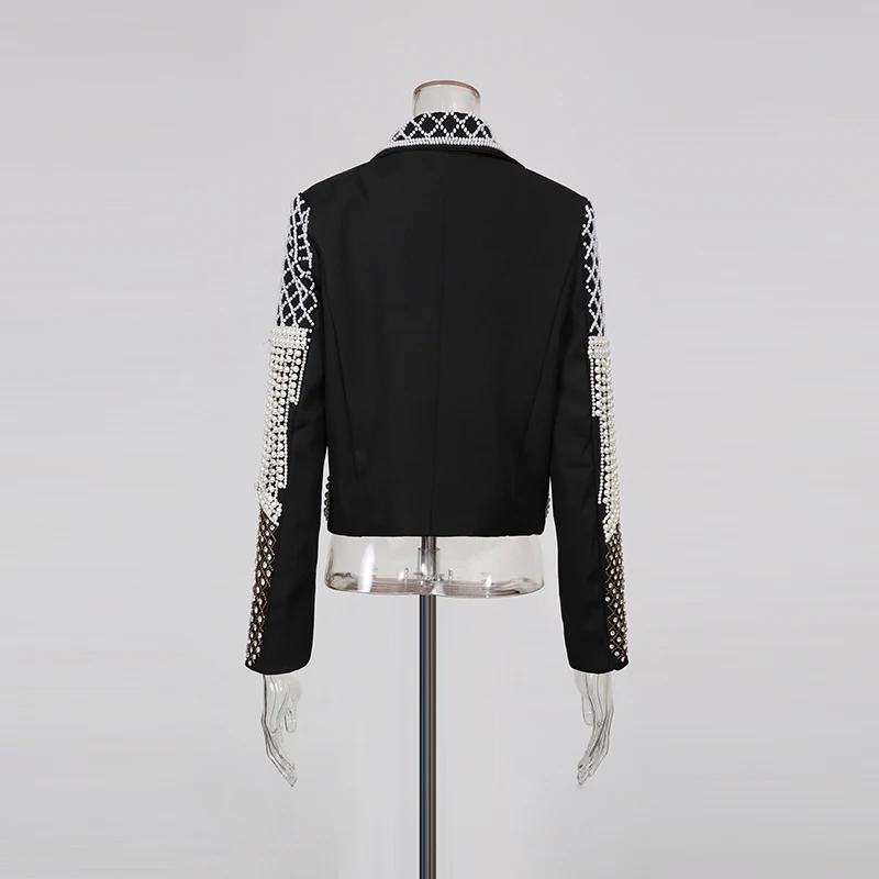 TWOTWINSTYLE Hit Color Spliced Pearl Jackets for Women Lapel Long Sleeve Designer Chic Coats Female Fashion New