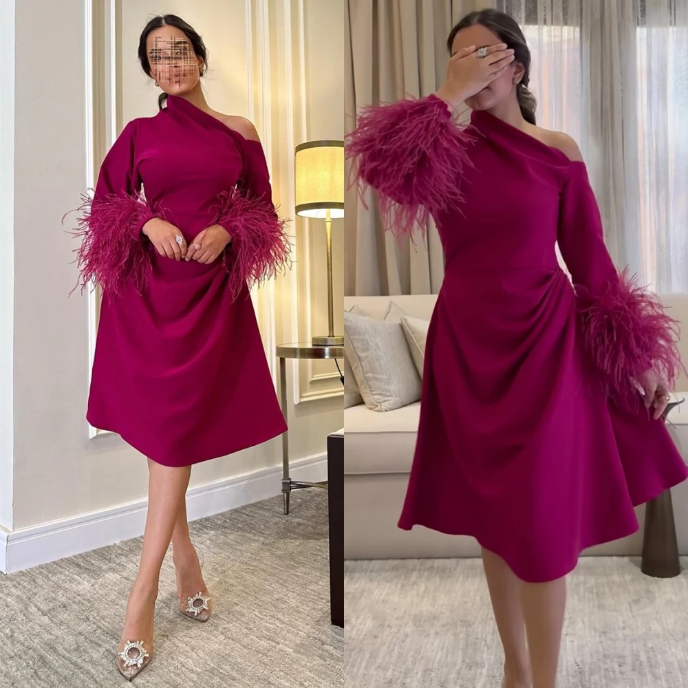 

Prom Dresses Elegant One-Shoulder Off the Shoulder A-line Feathers Long Sleeve Knee Length Formal Evening Gowns فساتين سهرة