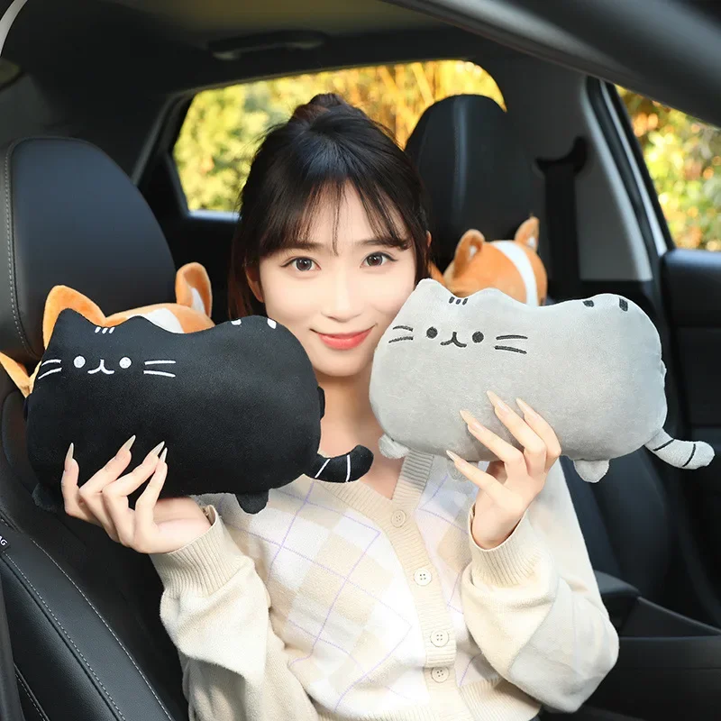 1 Pair Cartoon Cute Cat Car Seat Headrest Plush Pad Safety Pillow Creative Corgi Car Neck Pillow Kawaii Car Accessories Interior